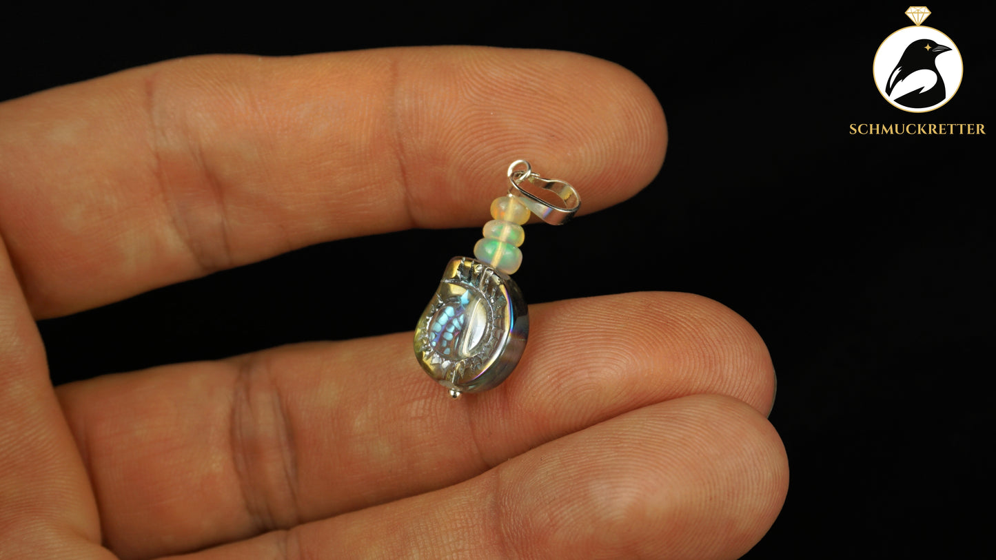 Anhänger mit buntem Welo Opal & Glasschnecke - 925 Silber