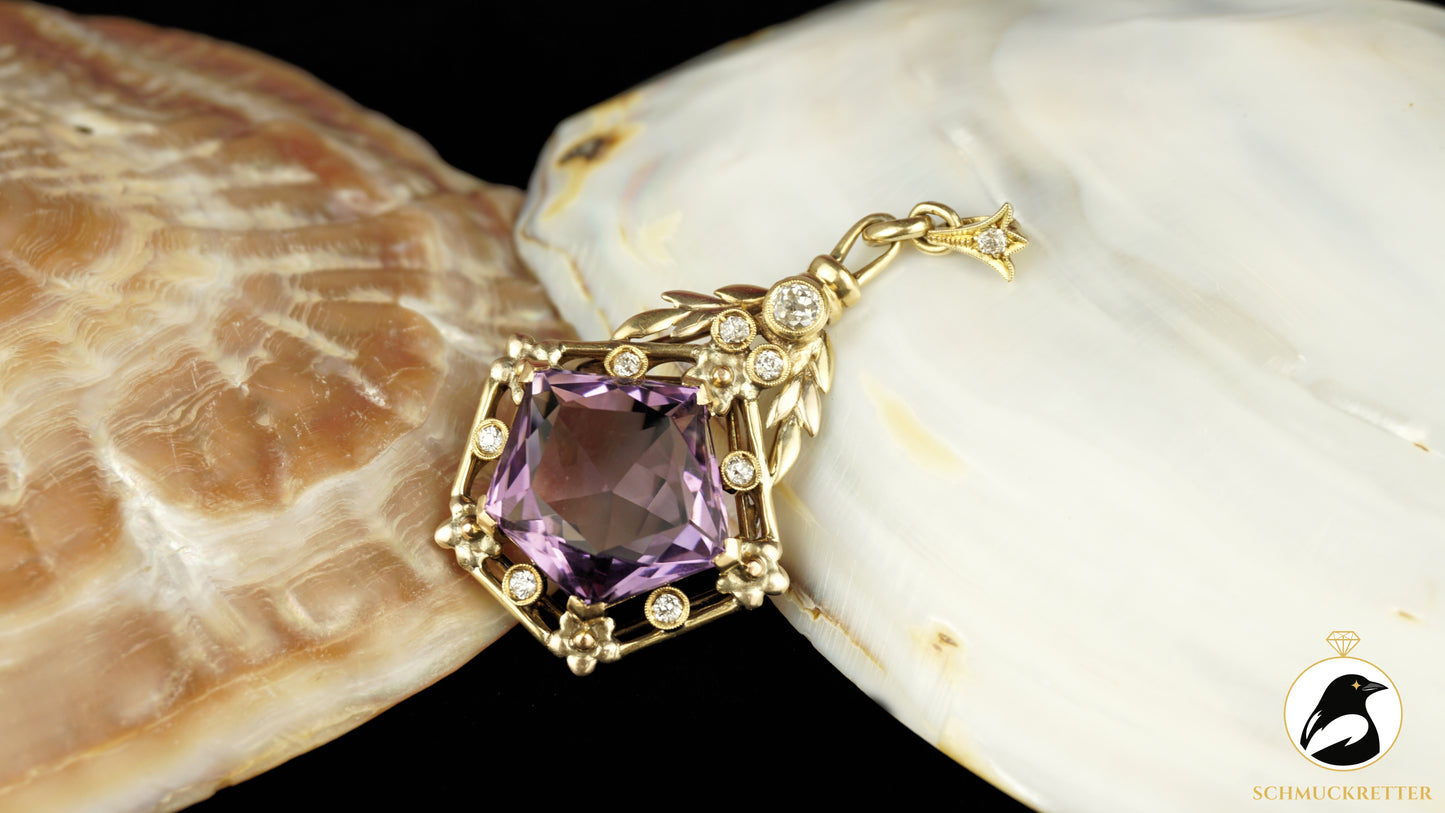 Anhänger aus 585 Gelbgold mit Amethyst & Diamanten - Vintage Goldschmiedearbeit, SALE