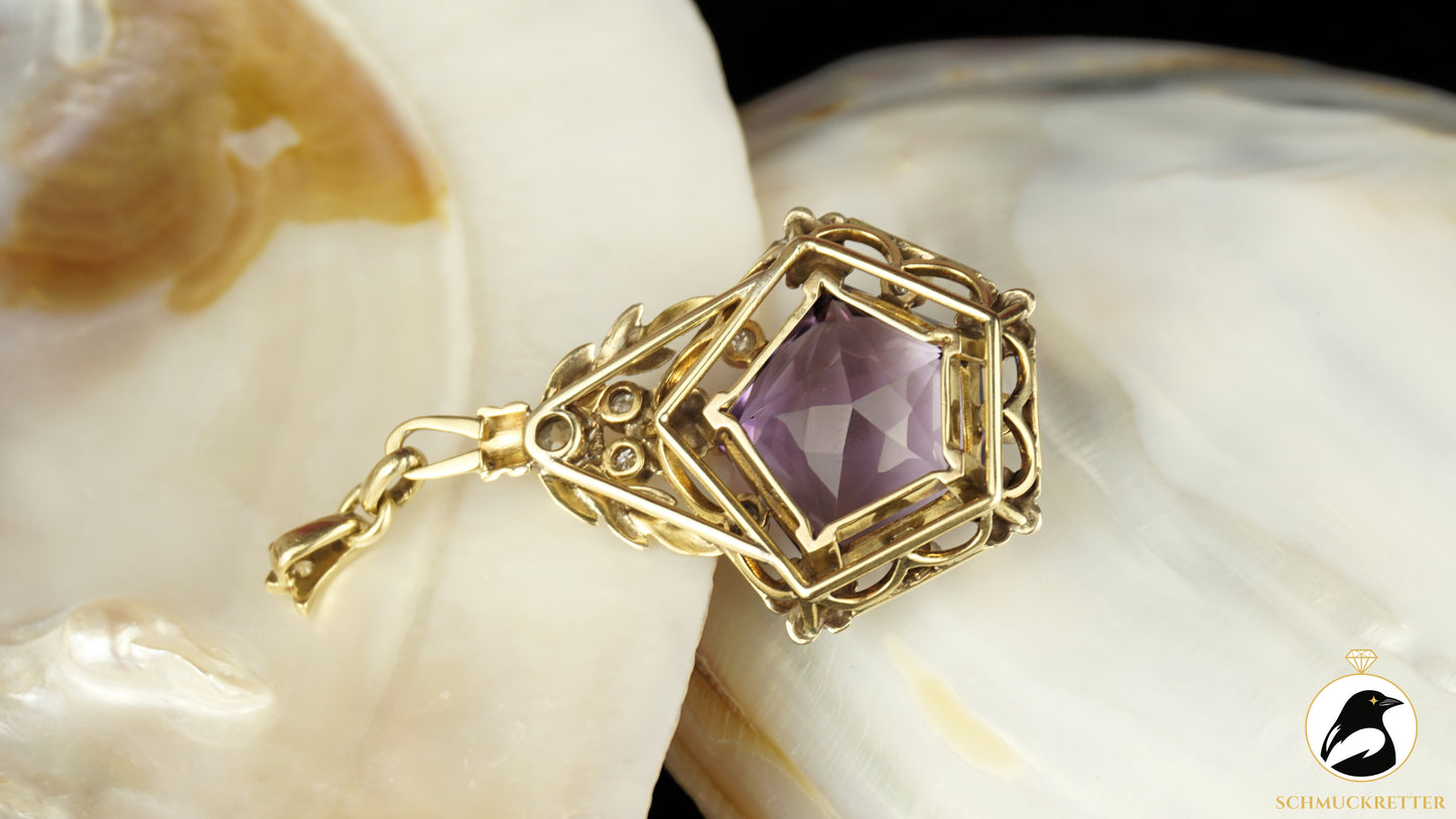 Anhänger aus 585 Gelbgold mit Amethyst & Diamanten - Vintage Goldschmiedearbeit, SALE