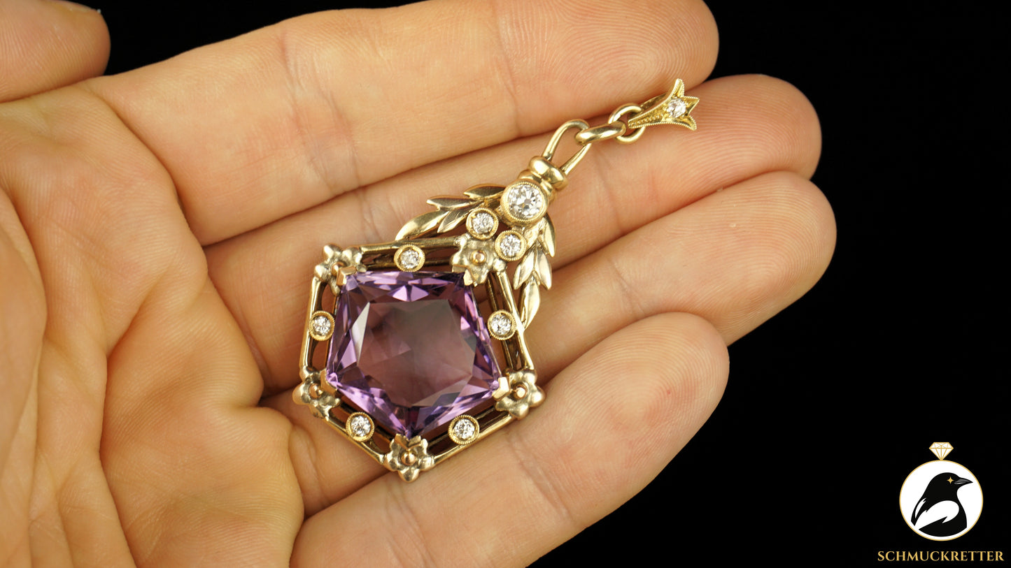 Anhänger aus 585 Gelbgold mit Amethyst & Diamanten - Vintage Goldschmiedearbeit, SALE