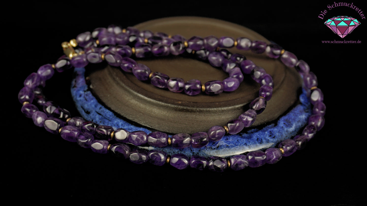 Amethystkette mit vergoldeten 925 Silber Scheiben und Verschluss, 53,5cm