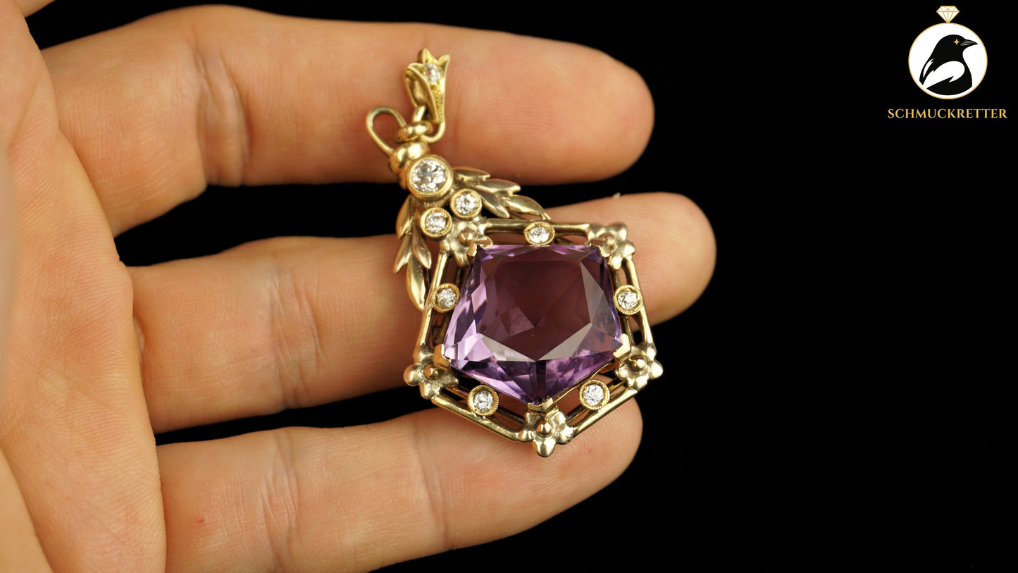 Anhänger aus 585 Gelbgold mit Amethyst & Diamanten - Vintage Goldschmiedearbeit, SALE