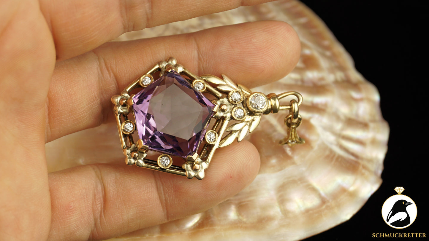 Anhänger aus 585 Gelbgold mit Amethyst & Diamanten - Vintage Goldschmiedearbeit, SALE