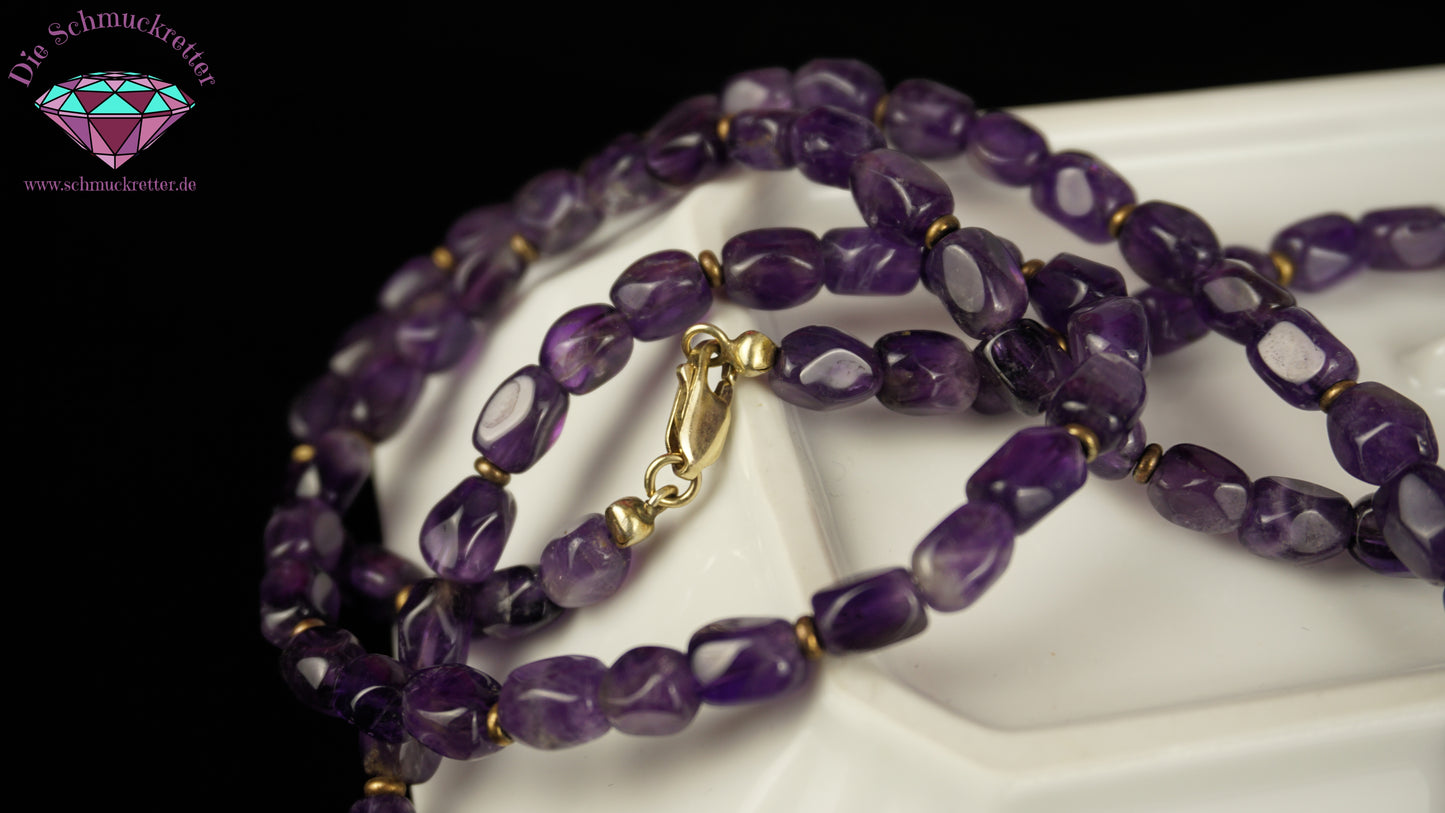 Amethystkette mit vergoldeten 925 Silber Scheiben und Verschluss, 53,5cm