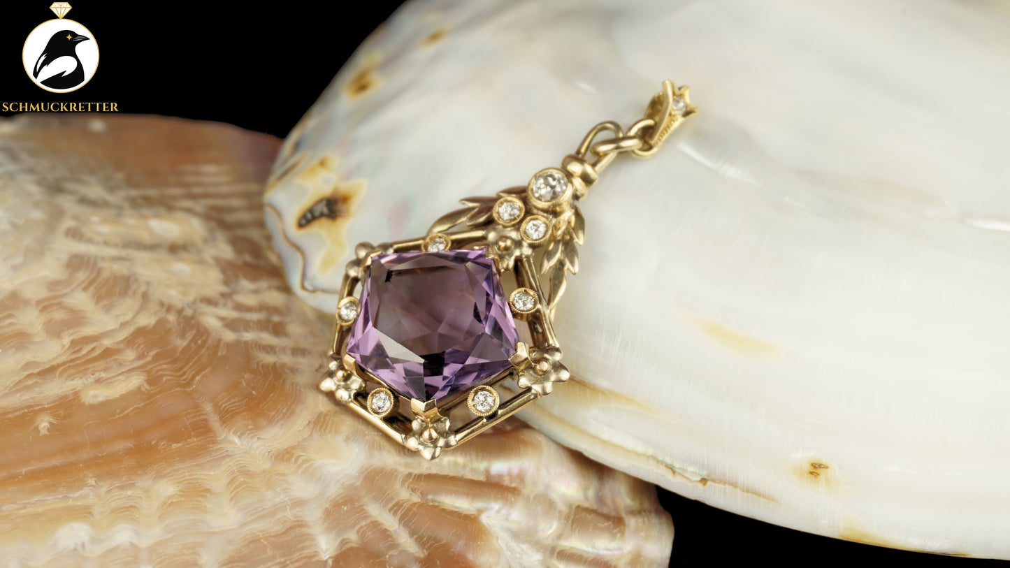 Anhänger aus 585 Gelbgold mit Amethyst & Diamanten - Vintage Goldschmiedearbeit, SALE