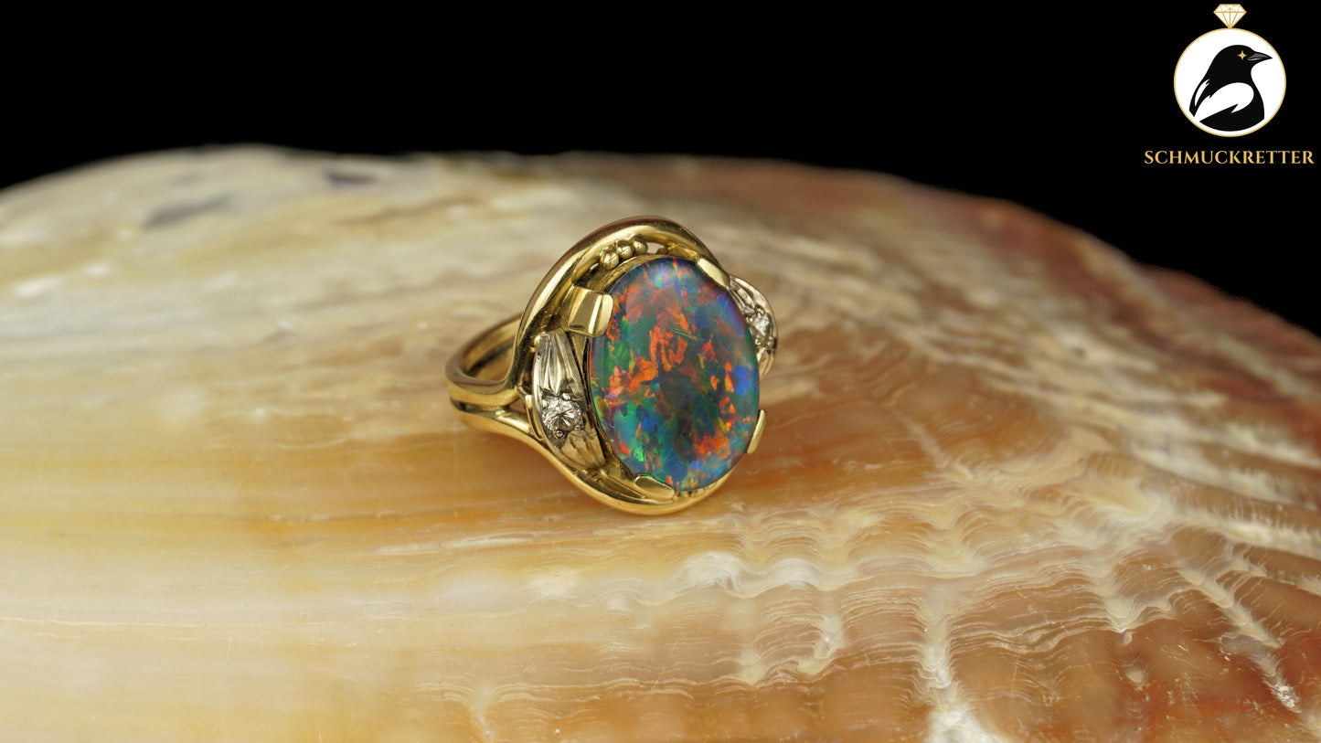 Exklusiver Opal Ring aus 585 Gold mit funkelnden Diamanten, Gr. 54