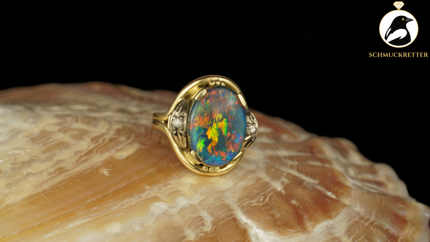 Exklusiver Opal Ring aus 585 Gold mit funkelnden Diamanten, Gr. 54
