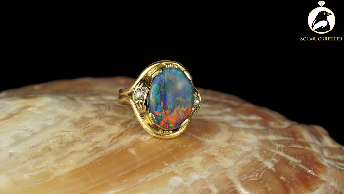 Exklusiver Opal Ring aus 585 Gold mit funkelnden Diamanten, Gr. 54