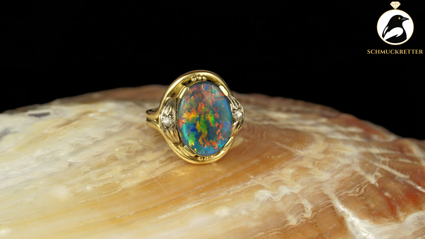 Exklusiver Opal Ring aus 585 Gold mit funkelnden Diamanten, Gr. 54