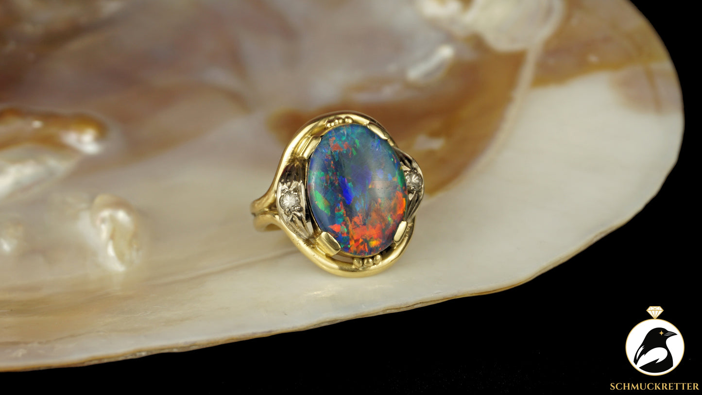 Exklusiver Opal Ring aus 585 Gold mit funkelnden Diamanten, Gr. 54