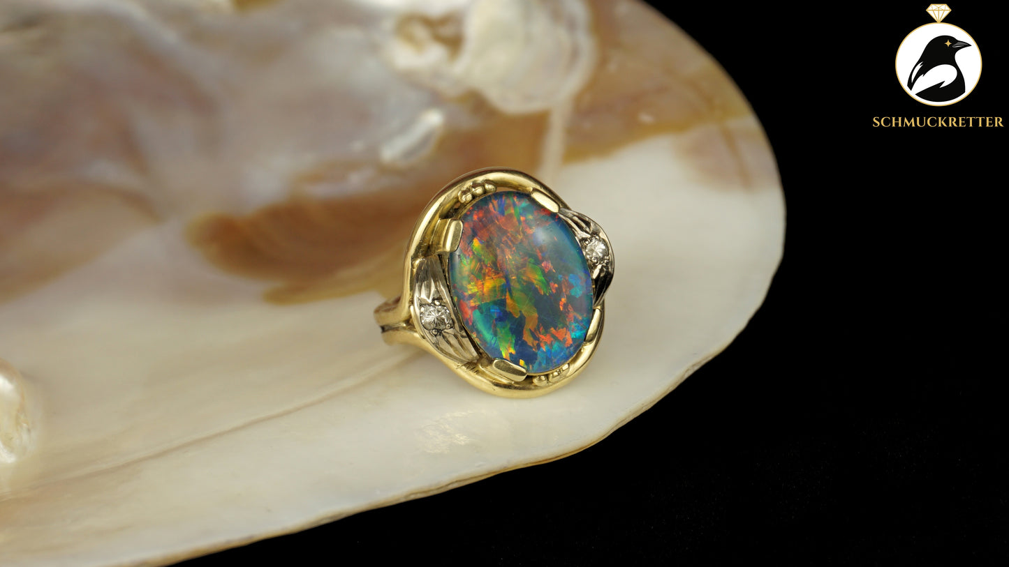 Exklusiver Opal Ring aus 585 Gold mit funkelnden Diamanten, Gr. 54