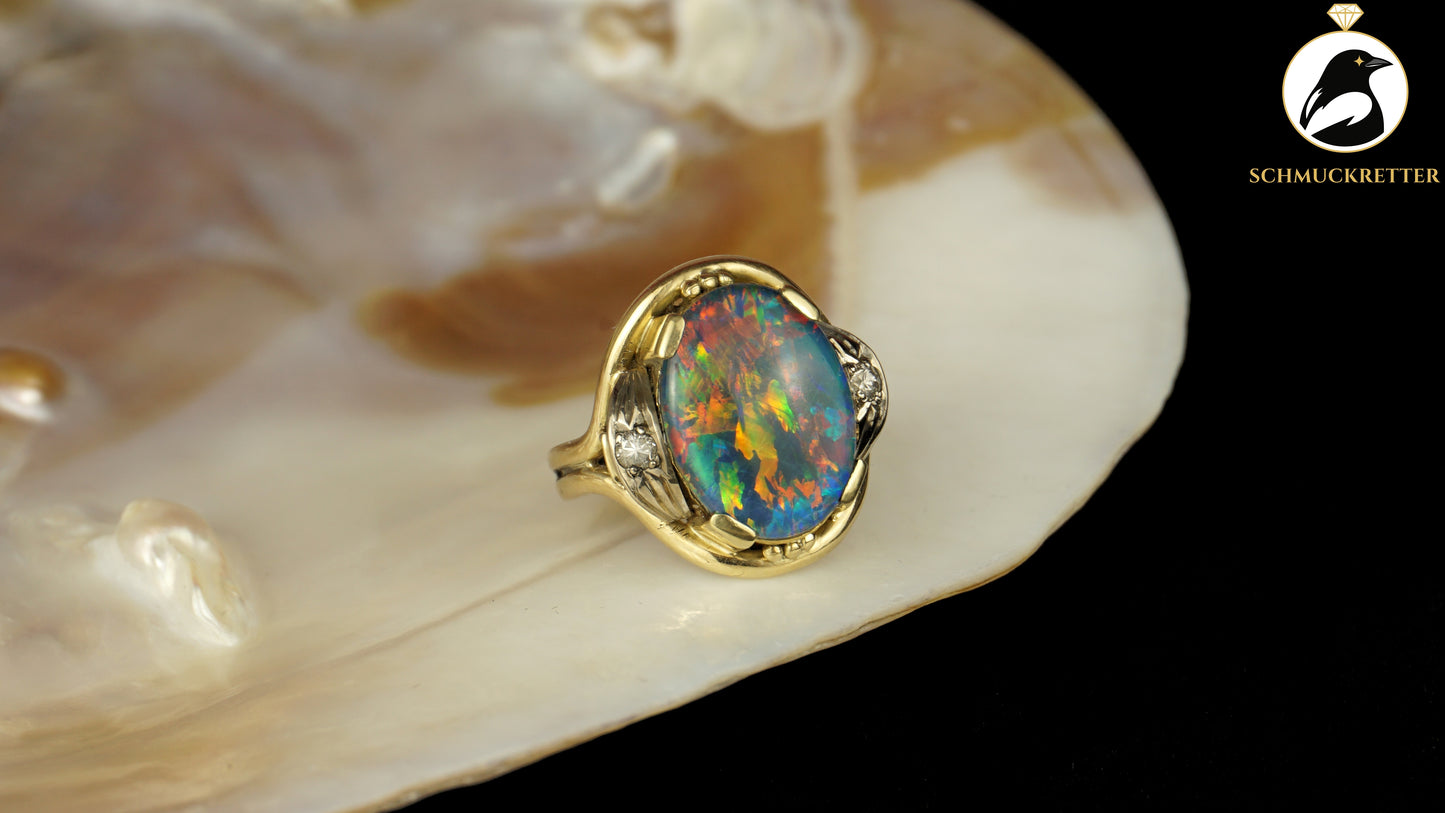 Exklusiver Opal Ring aus 585 Gold mit funkelnden Diamanten, Gr. 54