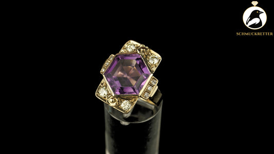 Cocktailring Vintage aus 585 Gold mit Amethyst & Diamanten, Gr. 52