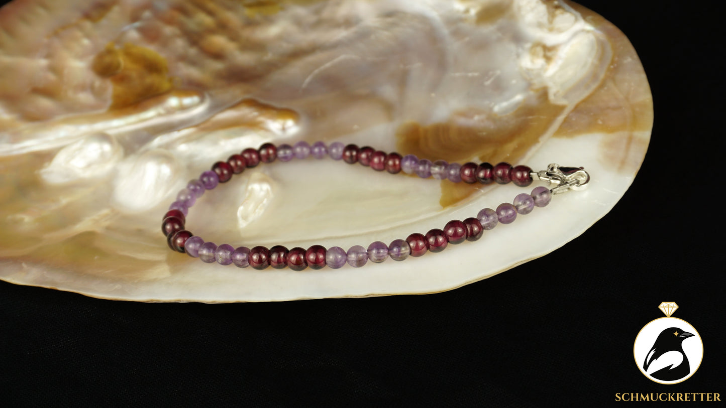 Edelsteinarmband aus Amethyst & Granat, Edelstahl Verschluss