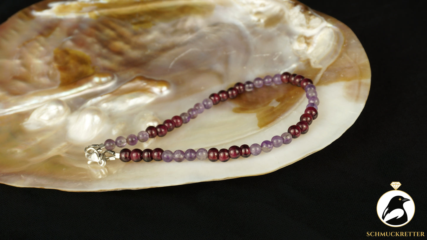 Edelsteinarmband aus Amethyst & Granat, Edelstahl Verschluss