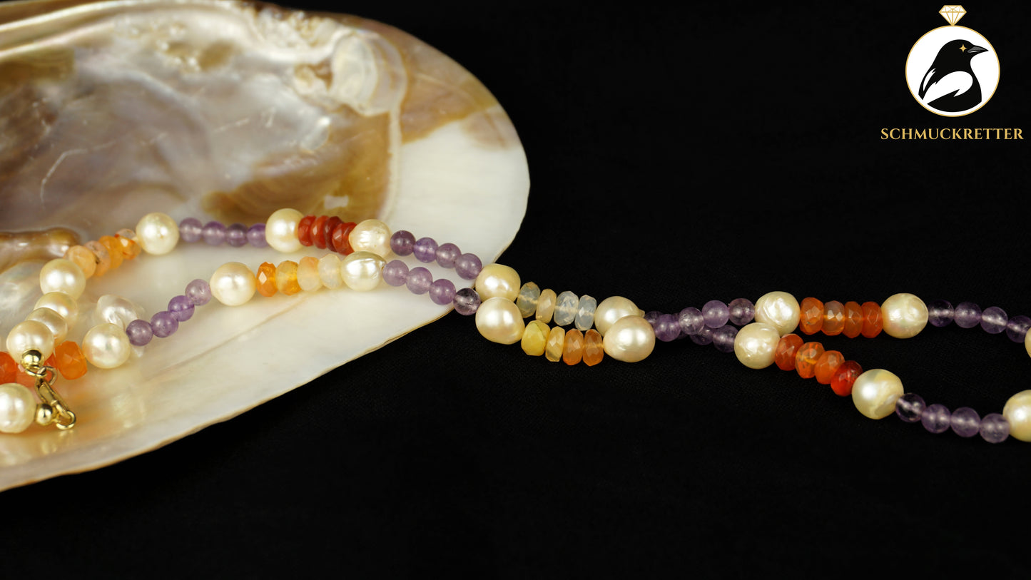 Handgefertigtes Collier mit Feueropal, Akoya-Perlen, Amethyst & 333 Gold Verschluss