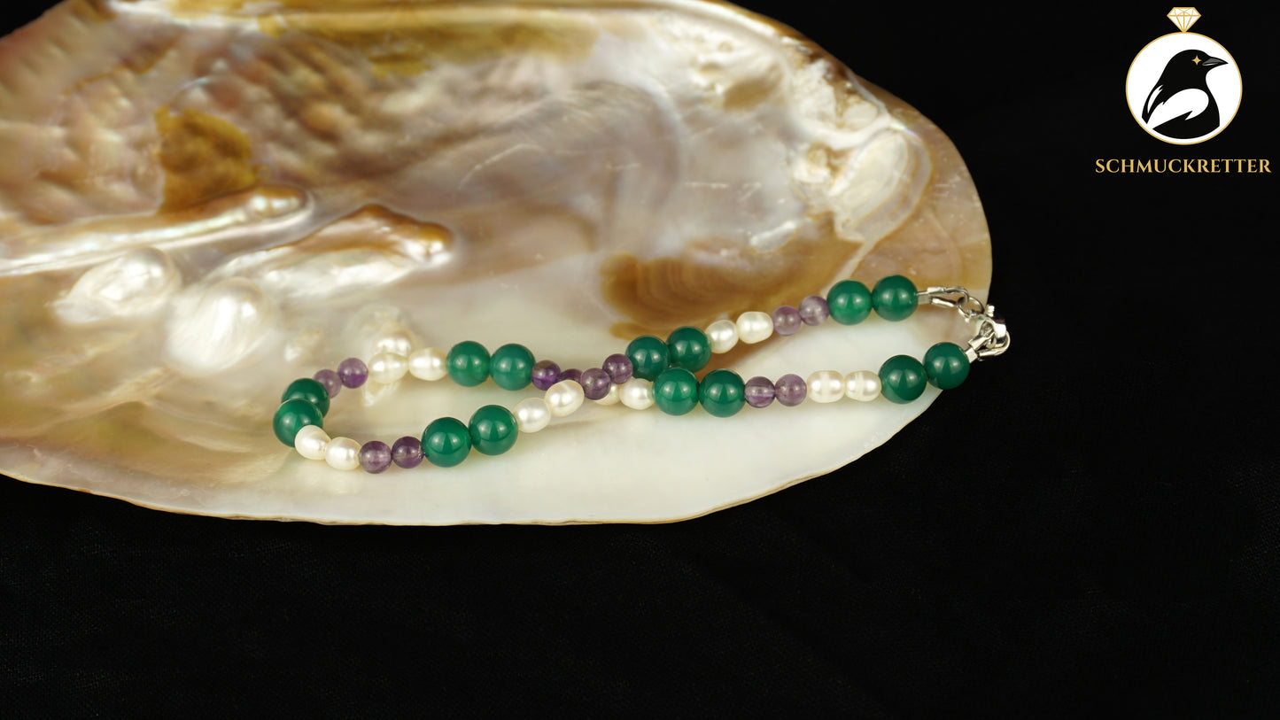 Armband aus grünem Achat, Amethyst & Süßwasserperlen - Edelstahl