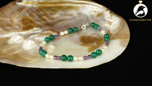 Armband aus grünem Achat, Amethyst & Süßwasserperlen - Edelstahl
