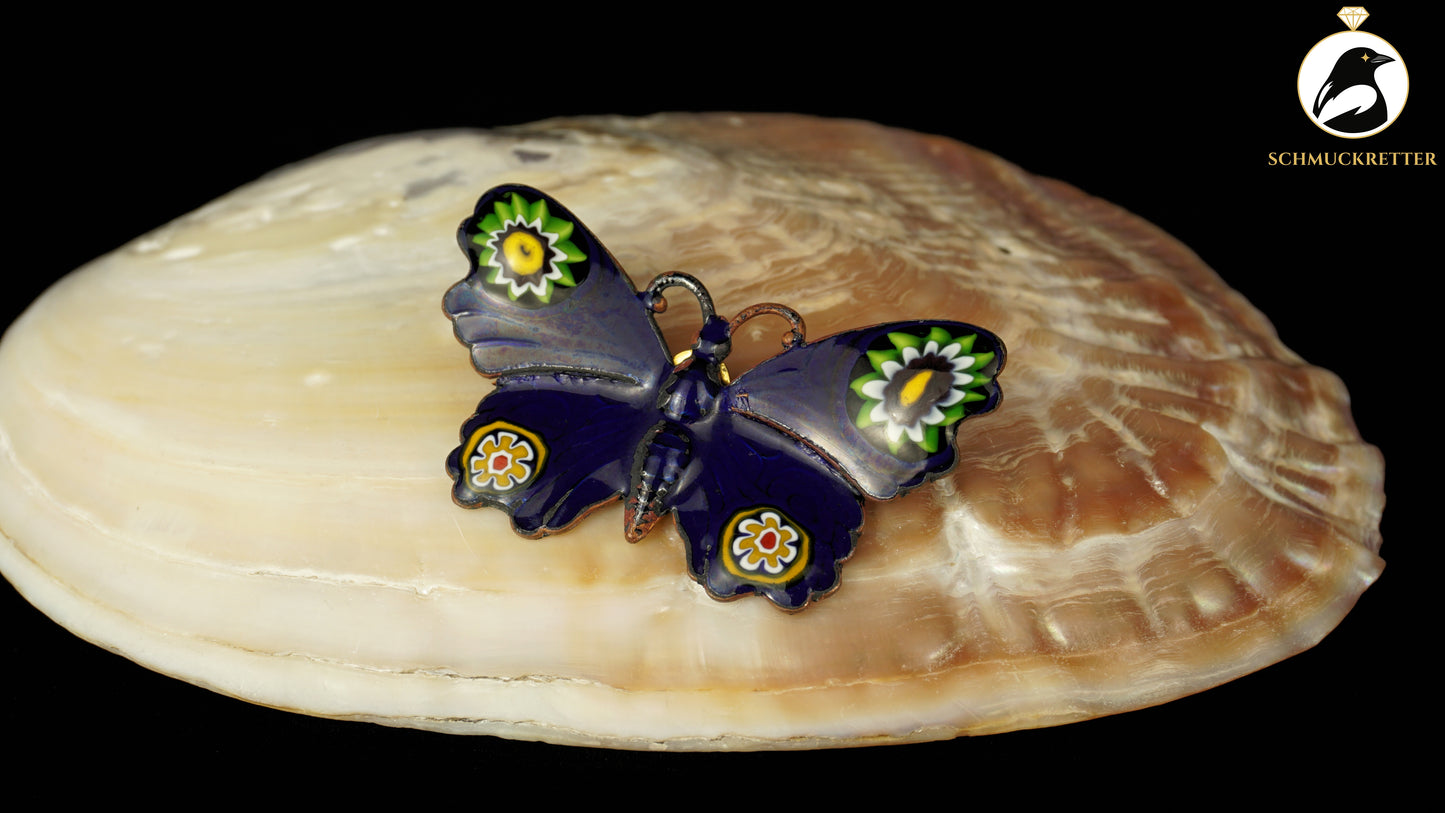 Schmetterlingsbrosche aus Emaille mit Millefiori-Glaseinlagen