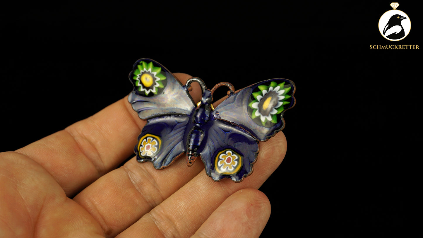 Schmetterlingsbrosche aus Emaille mit Millefiori-Glaseinlagen