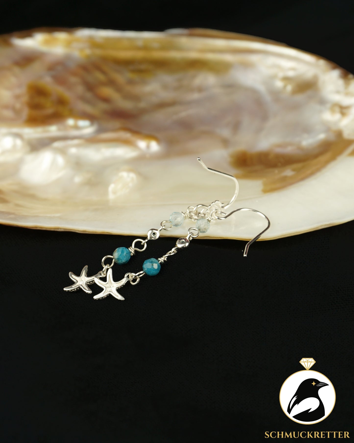 Sirenenflüstern · 925 Silber Seestern & Muschel Ohrringe — mit Apatit & Blautopas