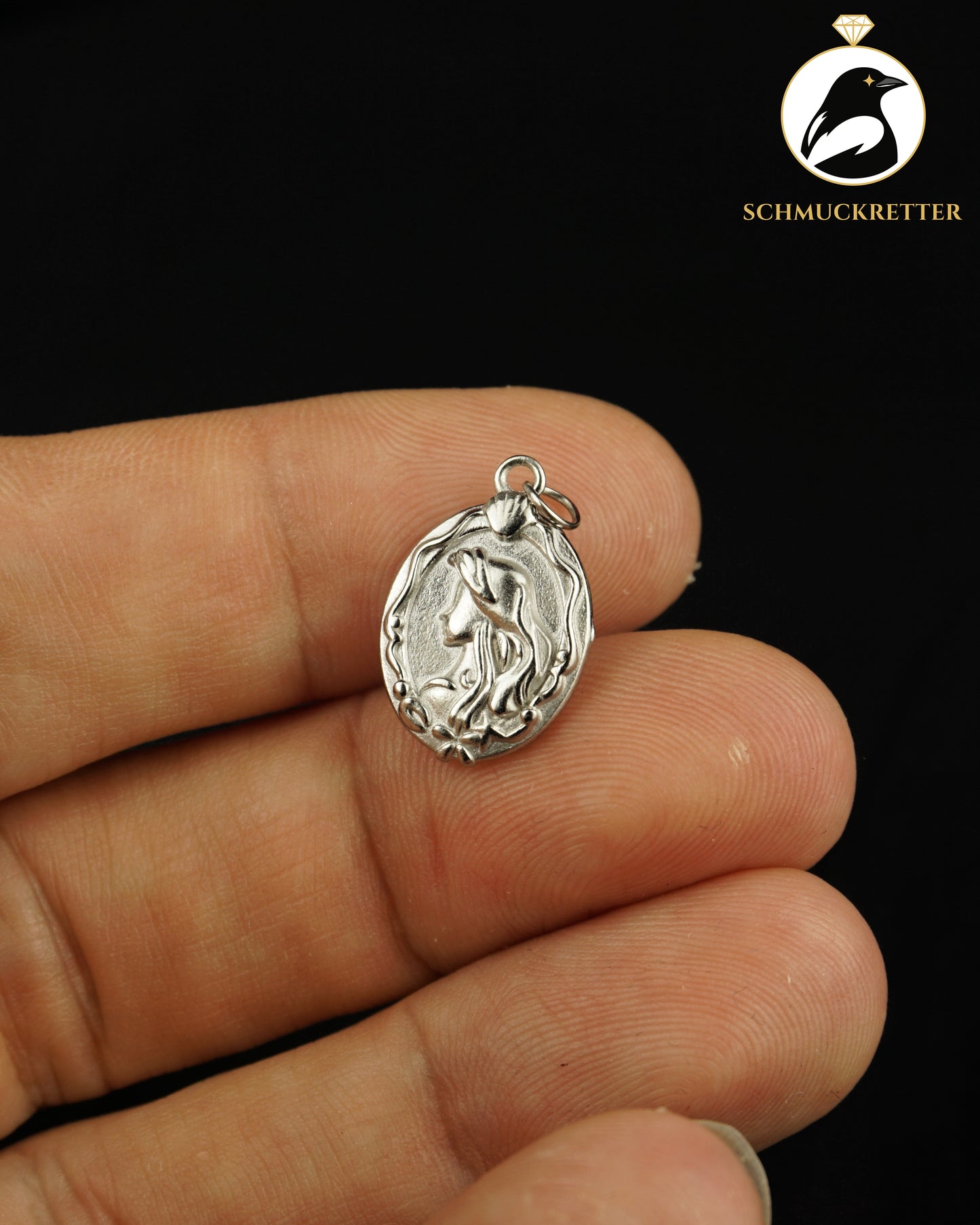 Meerjungfrau-Amulett mit Wende-Motiv aus rhodiniertem Edelstahl