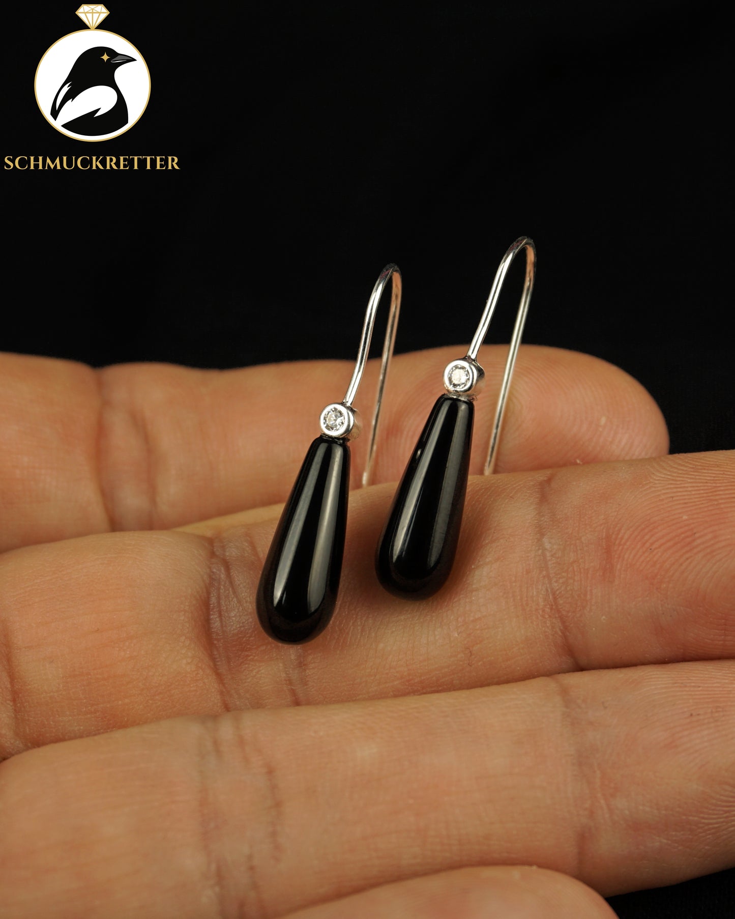 Schwarze Onyx Ohrringe mit Zirkonia - 925 Silber