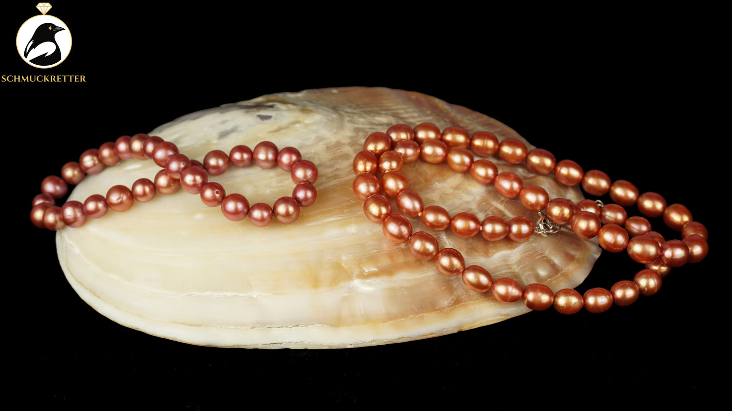 Set: Kette aus roten Süßwasserperlen mit 925 Silber Verschluss + Armband