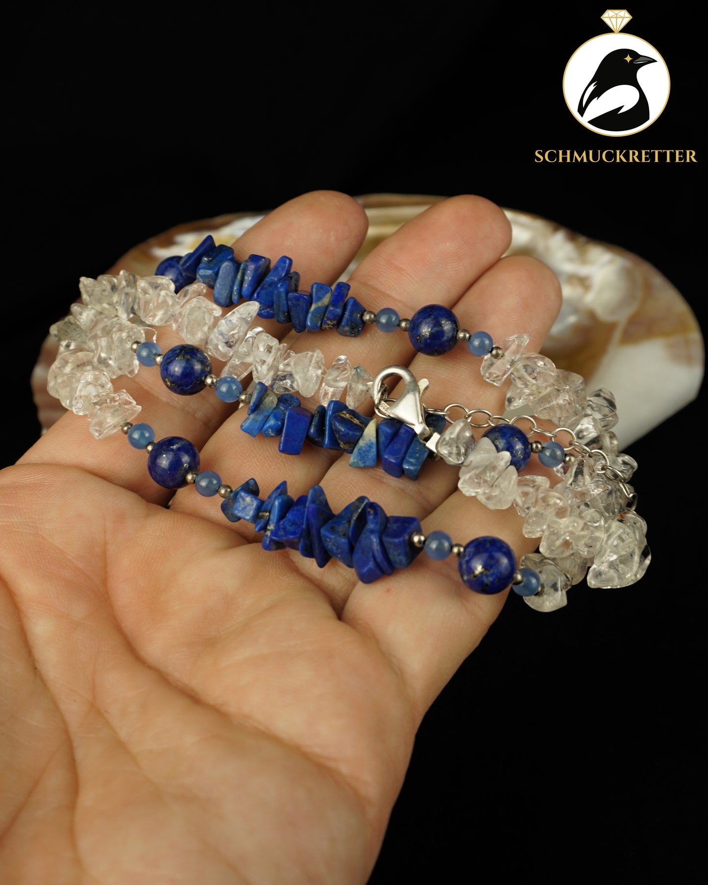 Halskette aus Bergkristall, Lapislazuli & Chalcedon- 925 Silber