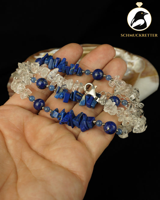 Halskette aus Bergkristall, Lapislazuli & Chalcedon- 925 Silber