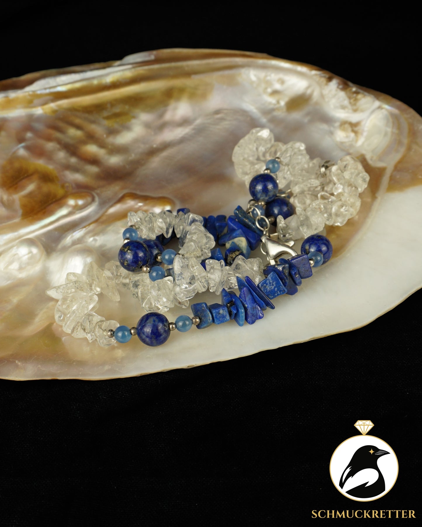 Halskette aus Bergkristall, Lapislazuli & Chalcedon- 925 Silber