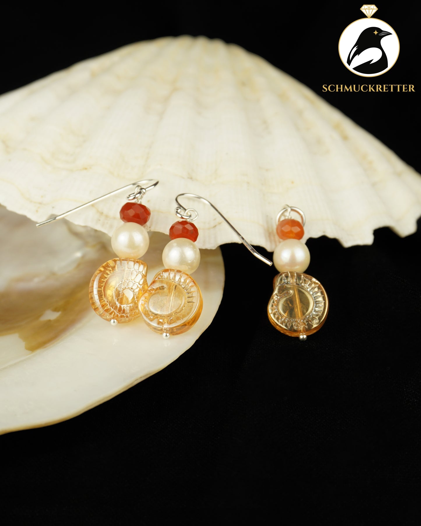 Set: Ohrringe und Anhänger 925 Silber mit Feueropal, Akoya Perle und Glasschnecke - Unikat