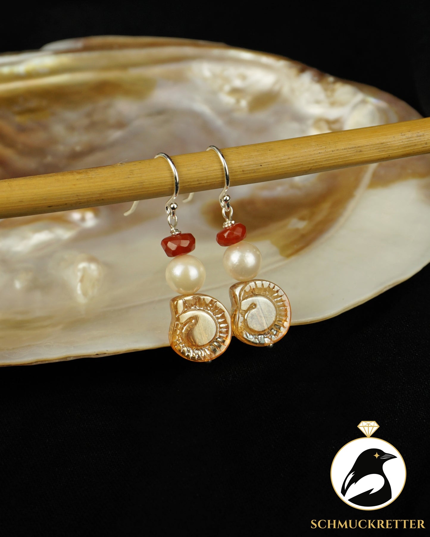 Set: Ohrringe und Anhänger 925 Silber mit Feueropal, Akoya Perle und Glasschnecke - Unikat