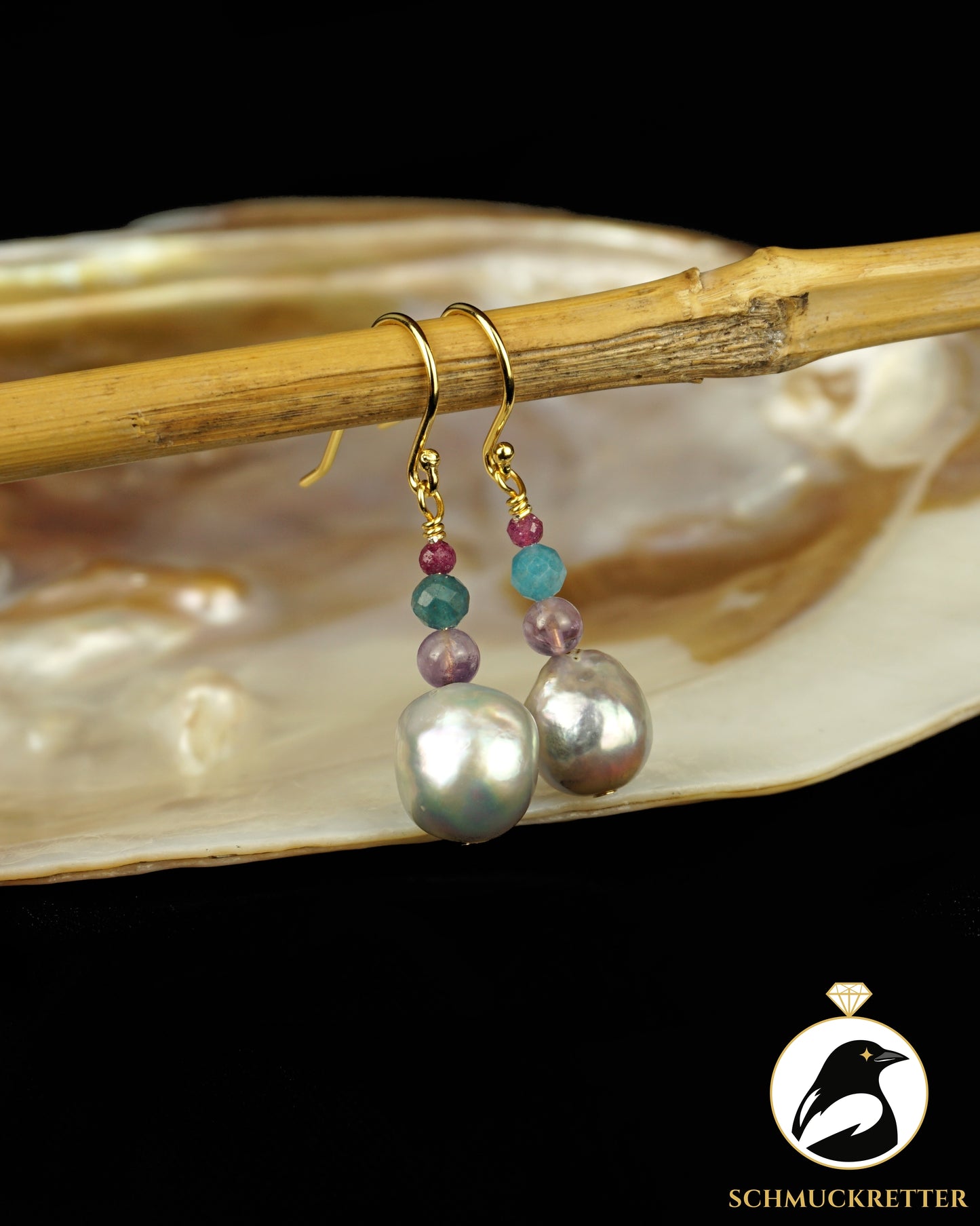 Bordeaux · 925 Silber Ohrringe mit Barockperle, Rubin, Apatit, Amethyst