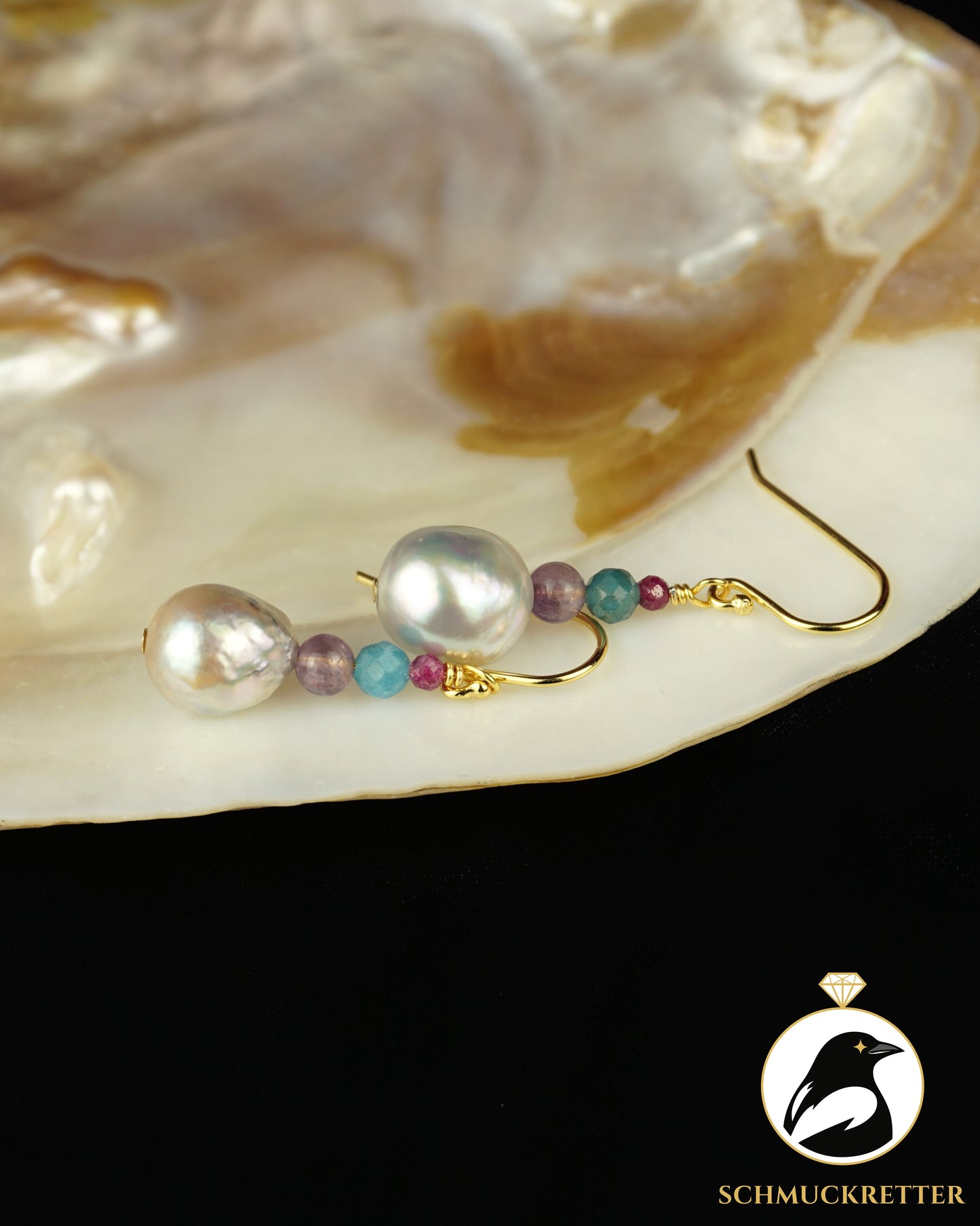 Bordeaux · 925 Silber Ohrringe mit Barockperle, Rubin, Apatit, Amethyst