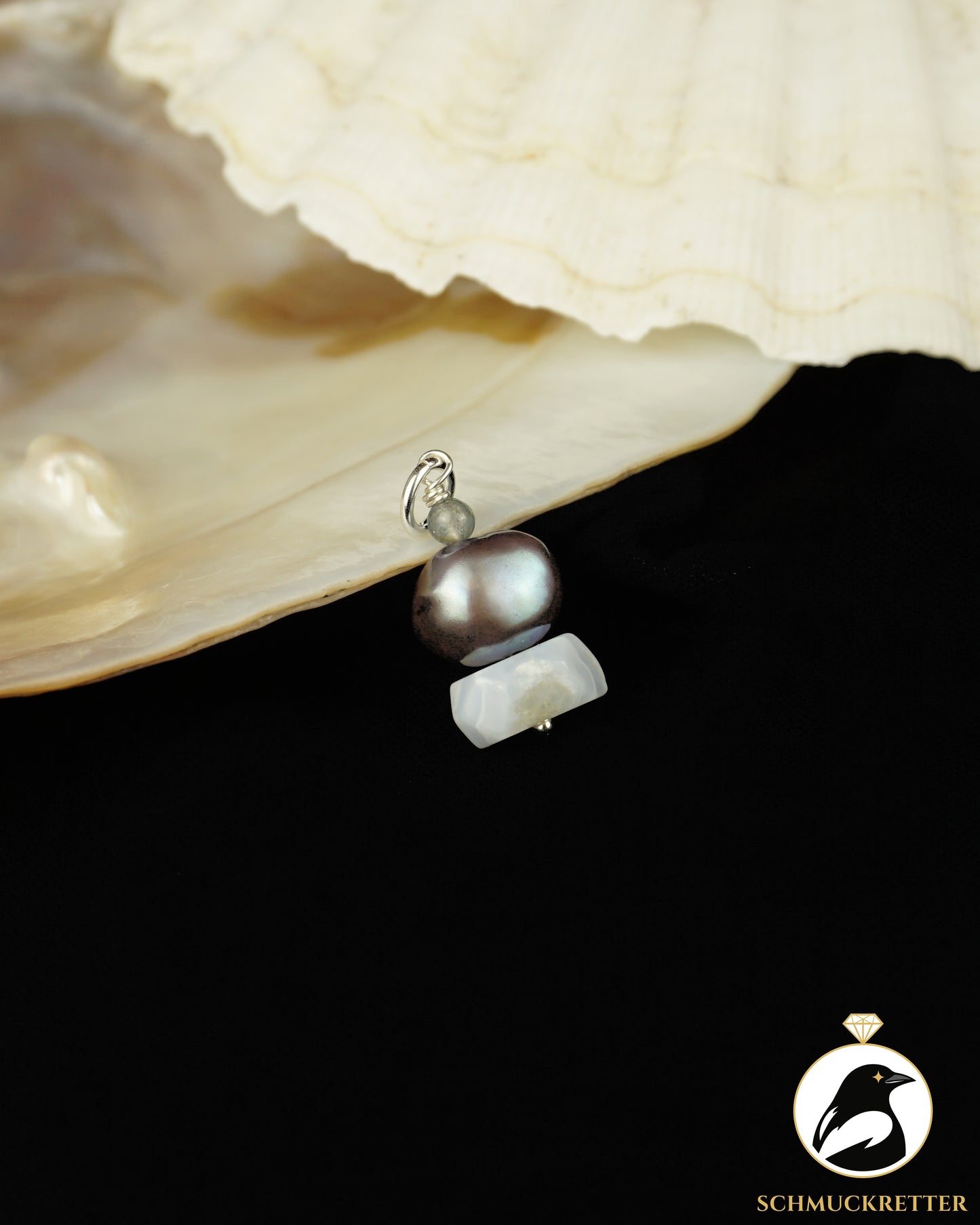 Chalcedon-Anhänger mit blauem Turmalin & Perle aus 925 Silber - Unikat