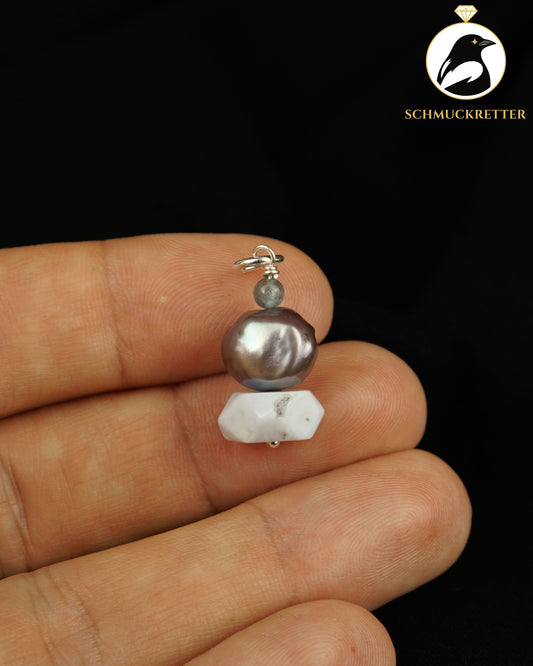 Chalcedon-Anhänger mit blauem Turmalin & Perle aus 925 Silber - Unikat