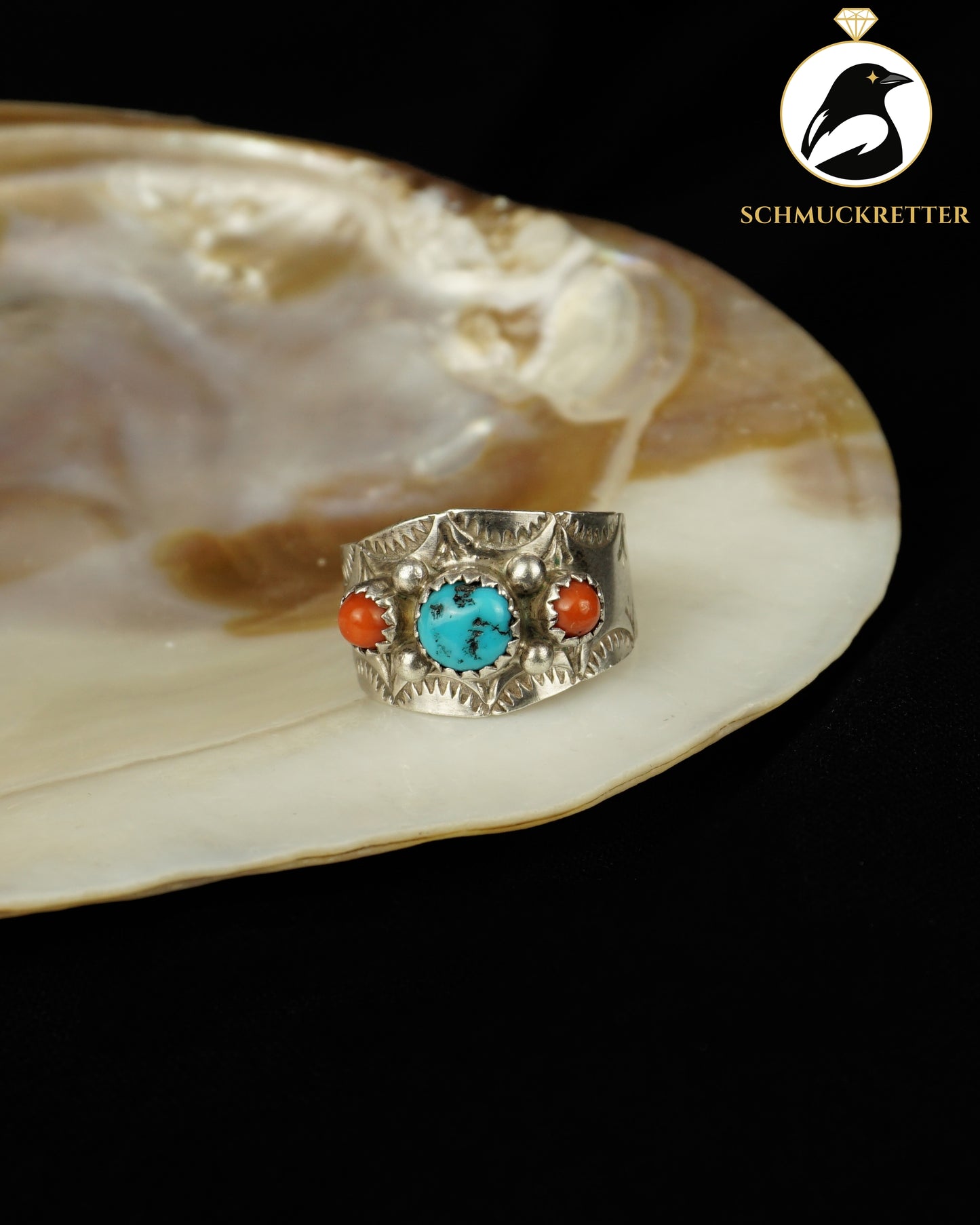 Navajo Ring aus 925 Silber mit Türkis und Koralle, handgearbeitet, 56
