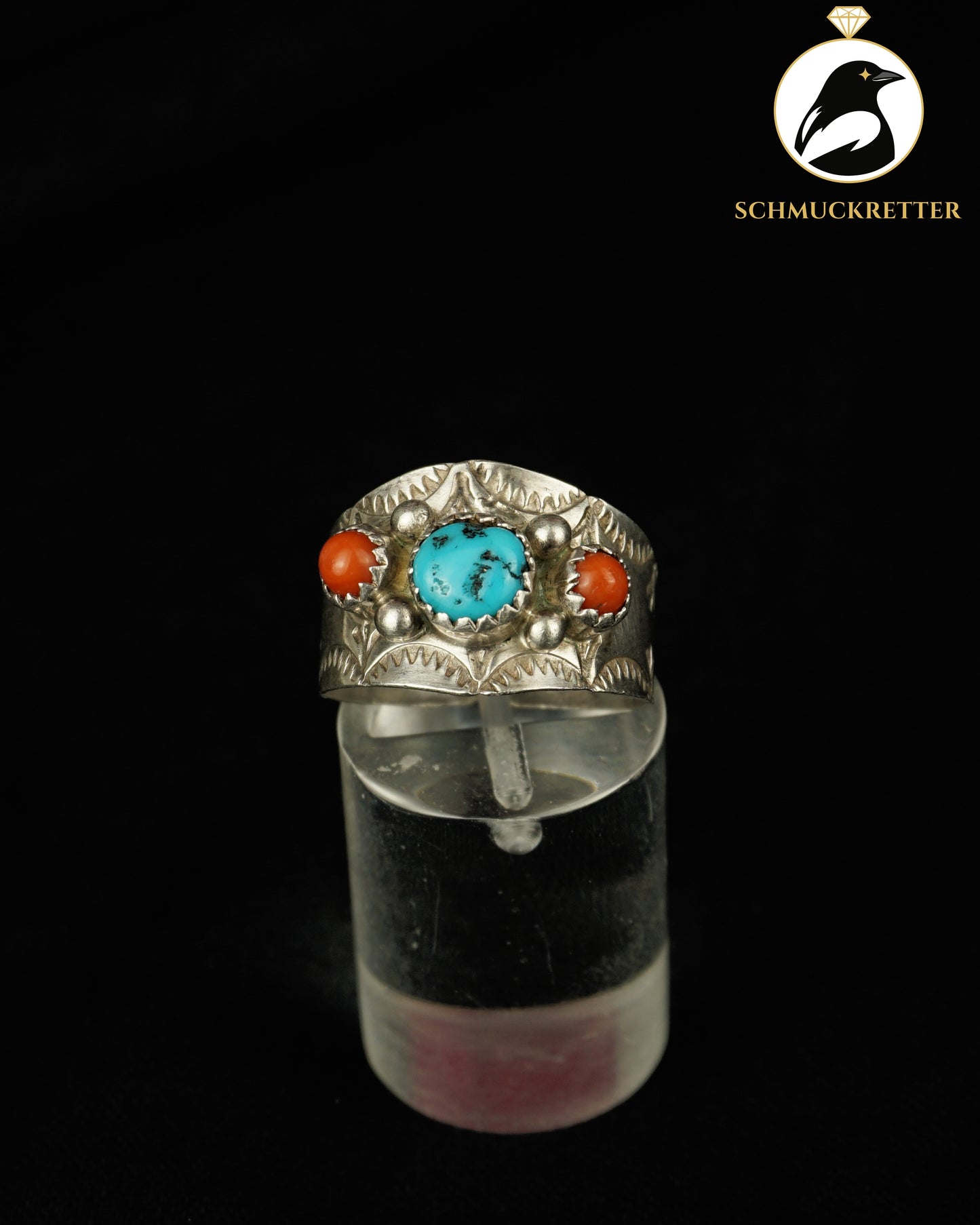 Navajo Ring aus 925 Silber mit Türkis und Koralle, handgearbeitet, 56