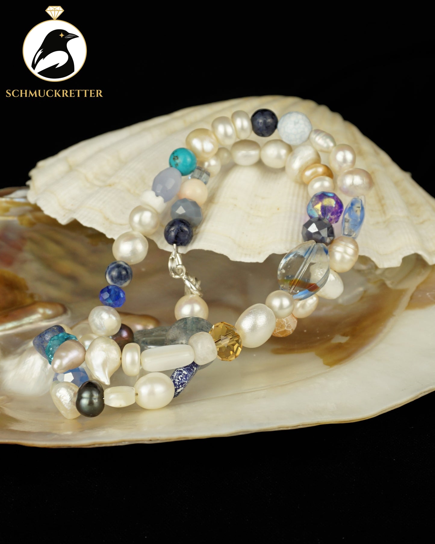 Strandgut 8: Blau-weiße Kette mit Perlen, Achat & blauem Glasstern (Unikat)