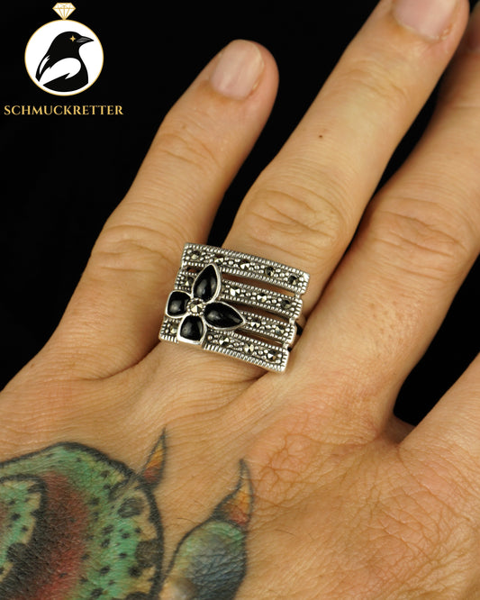 Ring aus 925 Silber mit Markasiten und Onyx-Blume, 57