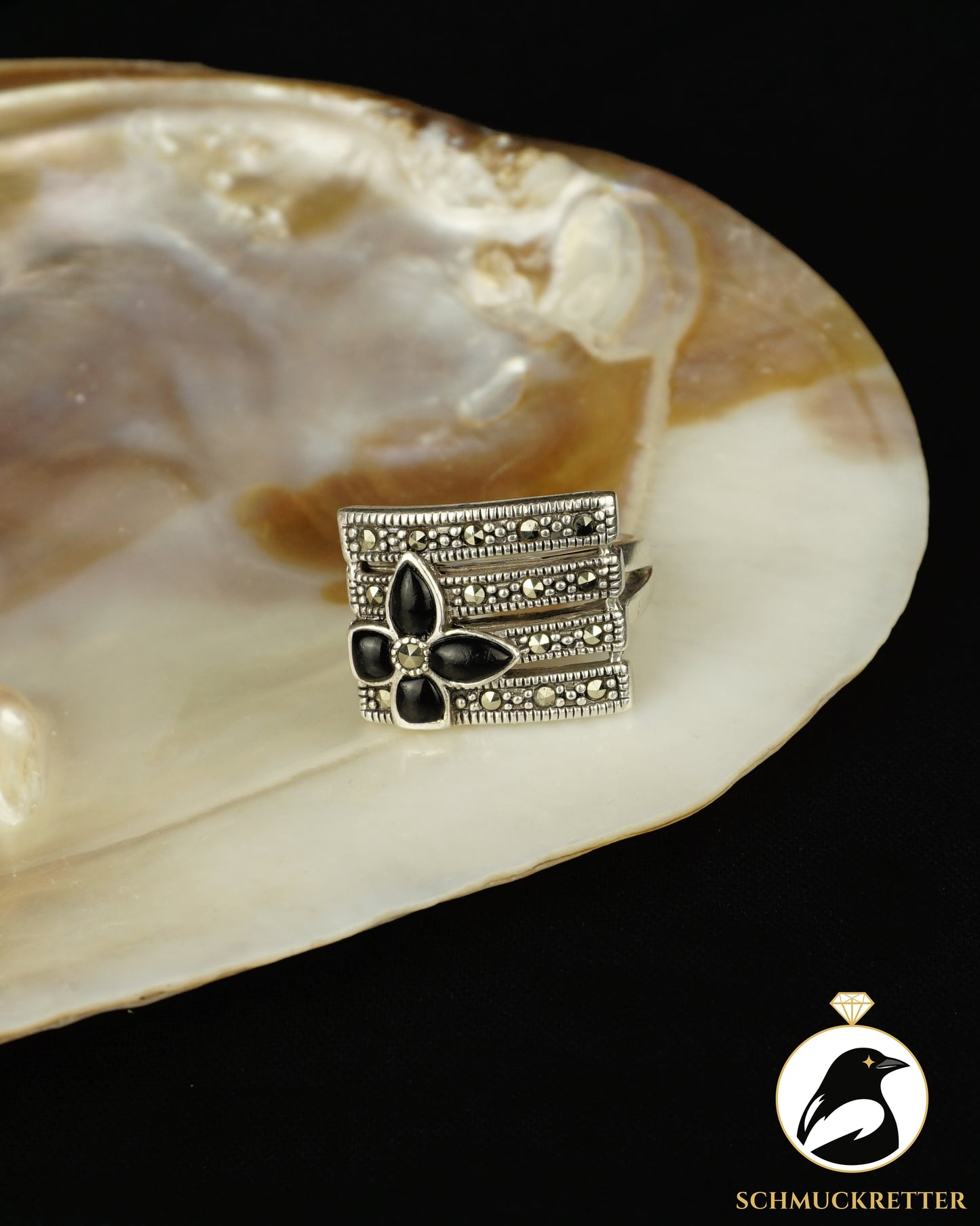 Ring aus 925 Silber mit Markasiten und Onyx-Blume, 57