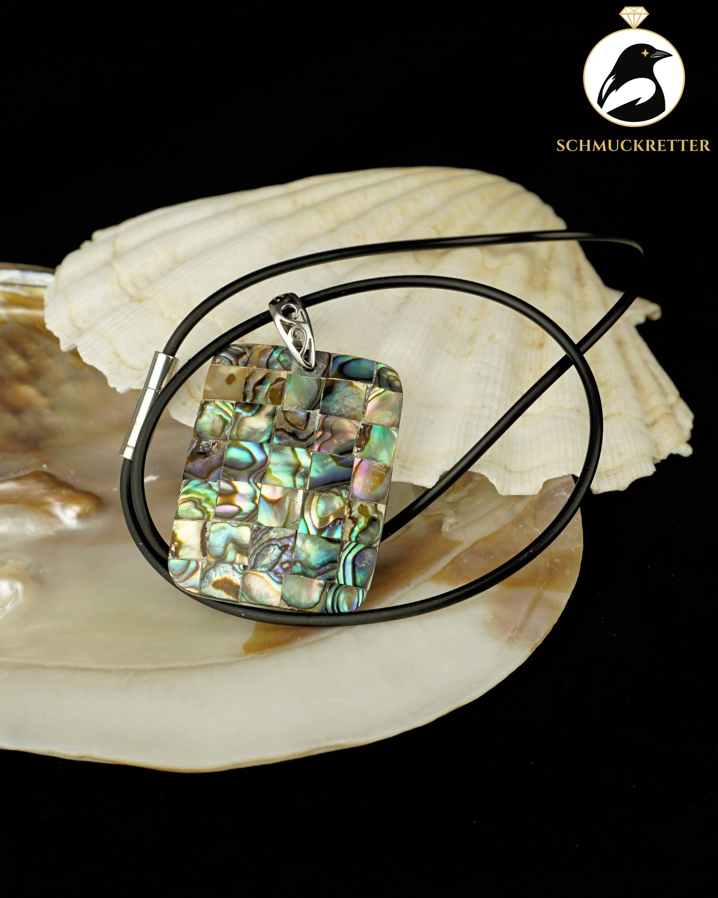 Großer Abalone Perlmutt-Anhänger mit Kautschukkette, 925 Silber