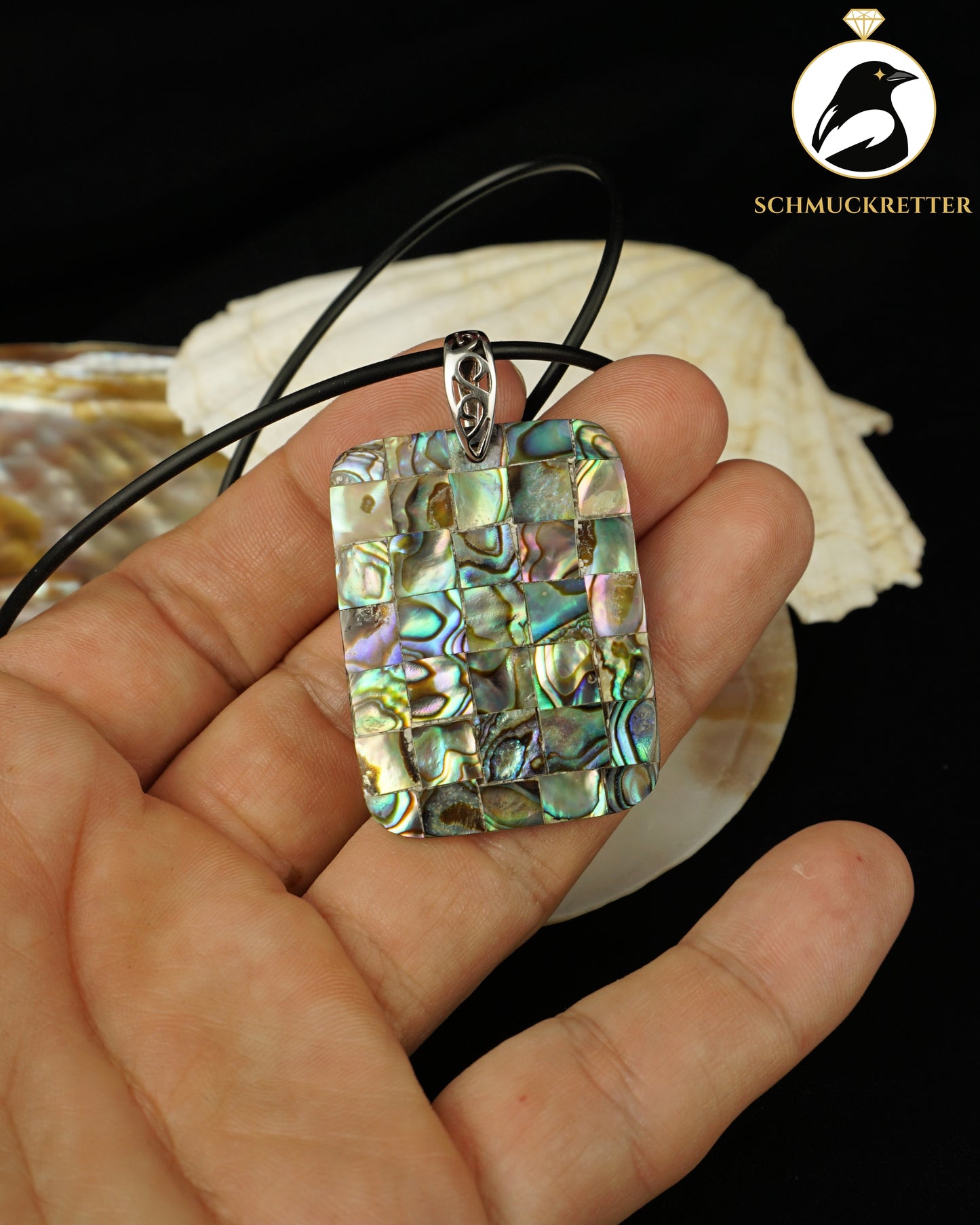 Großer Abalone Perlmutt-Anhänger mit Kautschukkette, 925 Silber