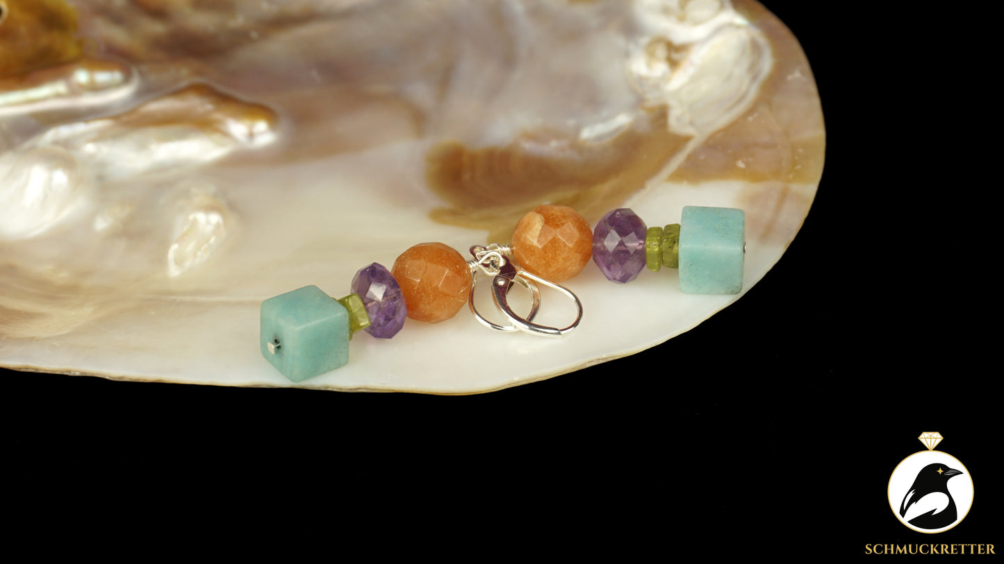 Ohrringe 'Barfuß im Juli' aus 925 Silber - mit Amazonit, Amethyst, Peridot
