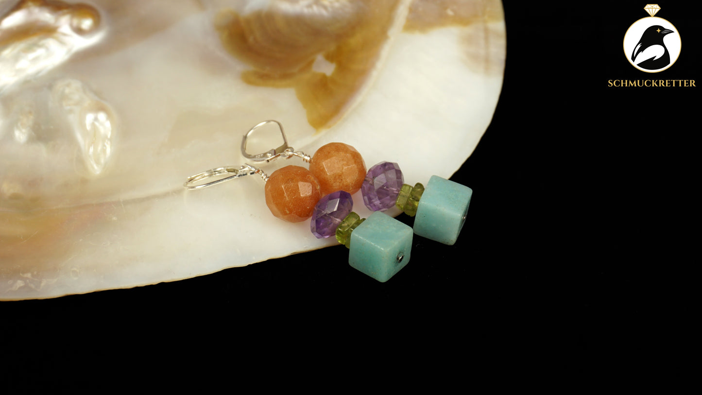 Ohrringe 'Barfuß im Juli' aus 925 Silber - mit Amazonit, Amethyst, Peridot