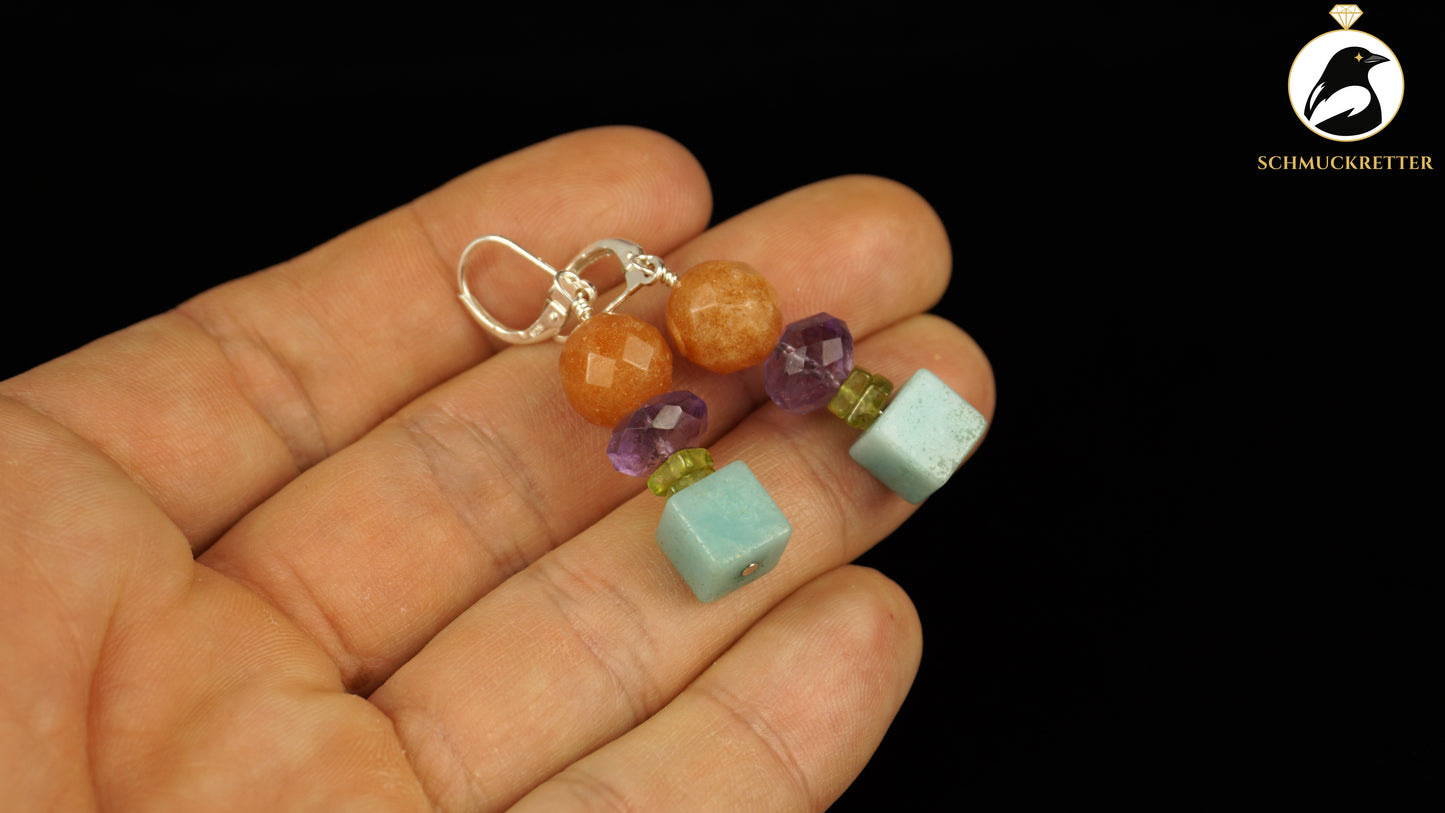 Ohrringe 'Barfuß im Juli' aus 925 Silber - mit Amazonit, Amethyst, Peridot