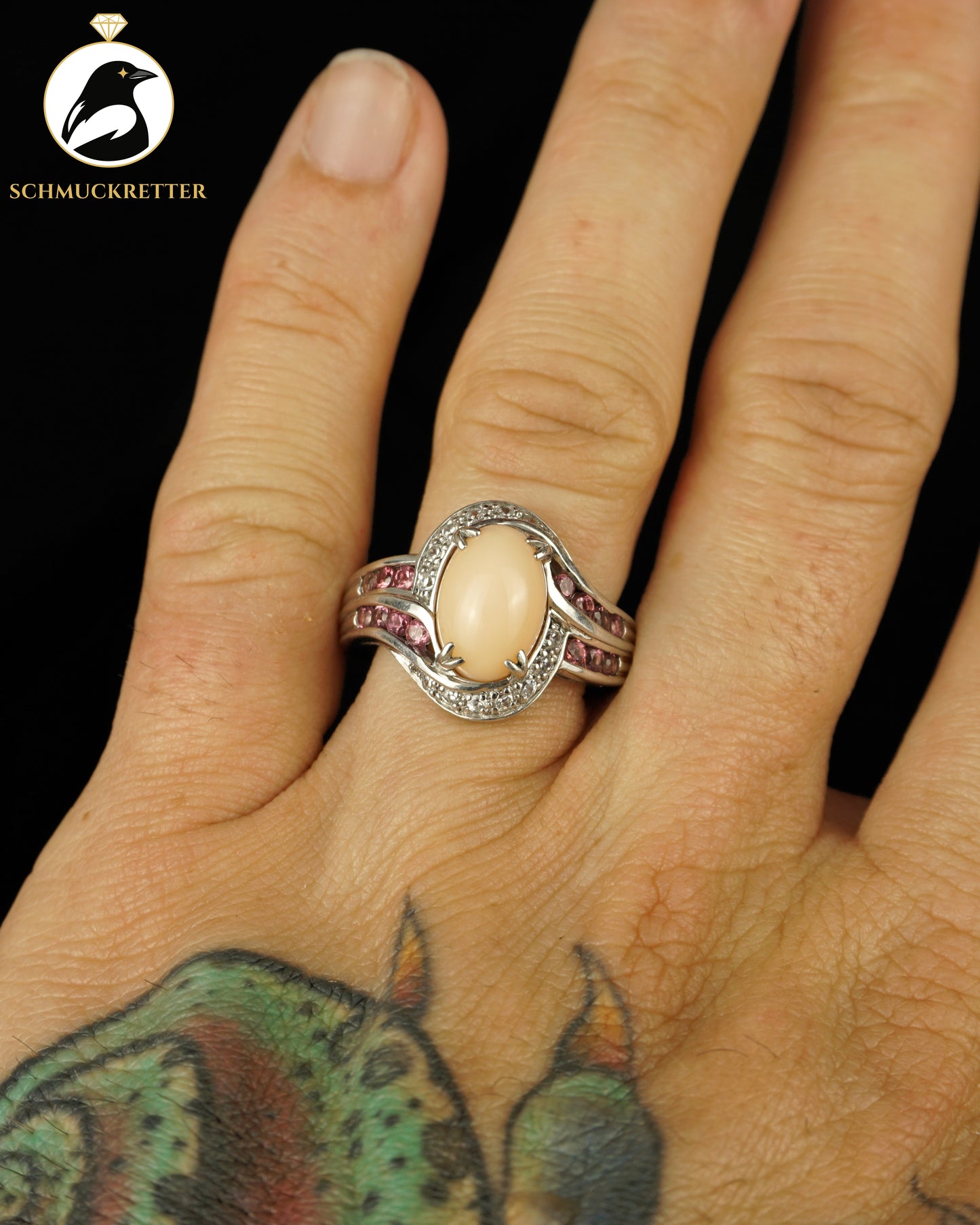 Ring mit Andenopal und rosa Turmalin aus 925 Silber, Gr. 62