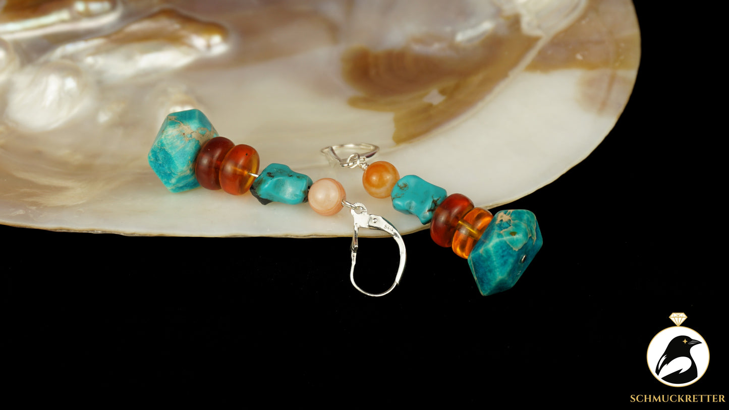 Ohrringe 'Ostseeabend' aus 925 Silber - mit Achat, Bernstein und Türkis-Howlith