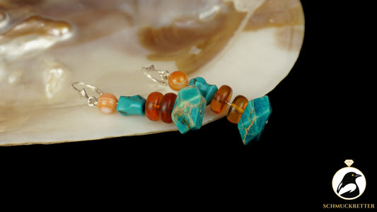 Ohrringe 'Ostseeabend' aus 925 Silber - mit Achat, Bernstein und Türkis-Howlith